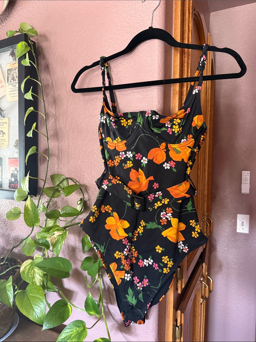 ASOS Black One-Piece Swimsuit with Orange Floral Print